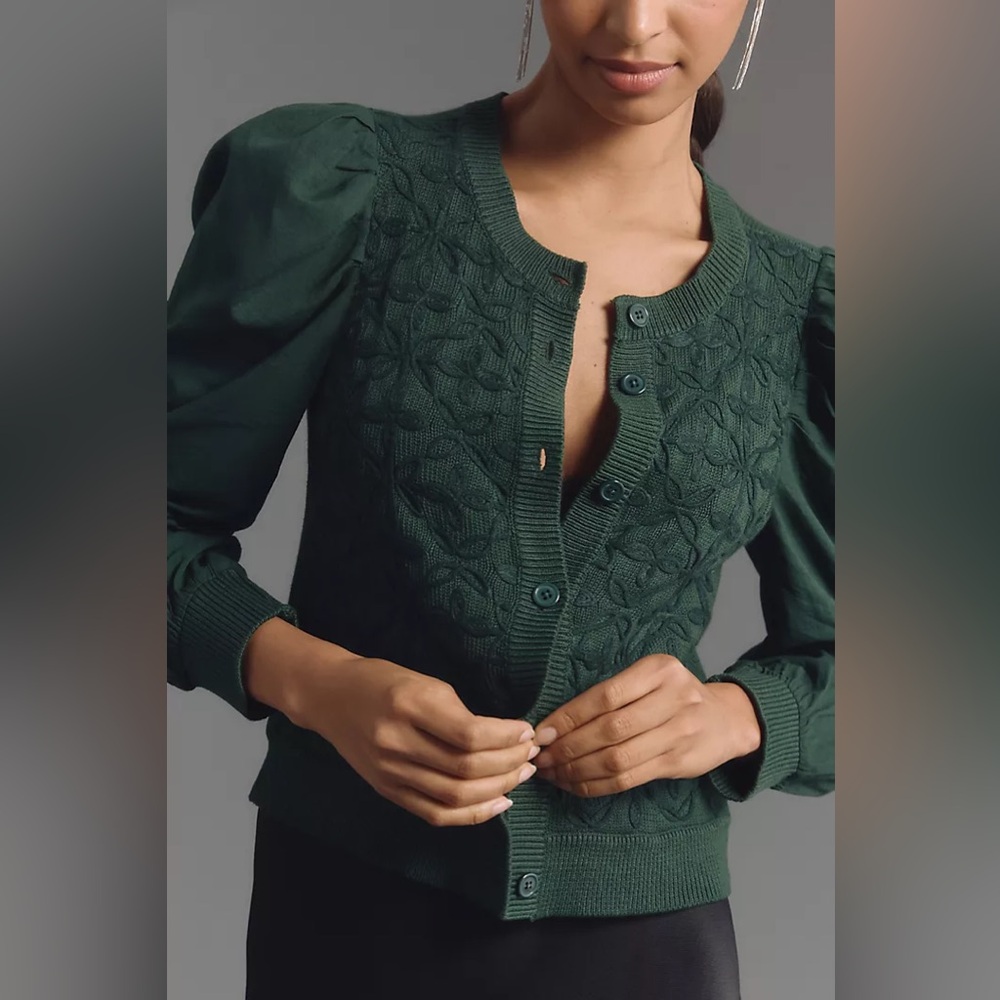 Dark Green Knit Puff-Sleeve Cardigan Sweater